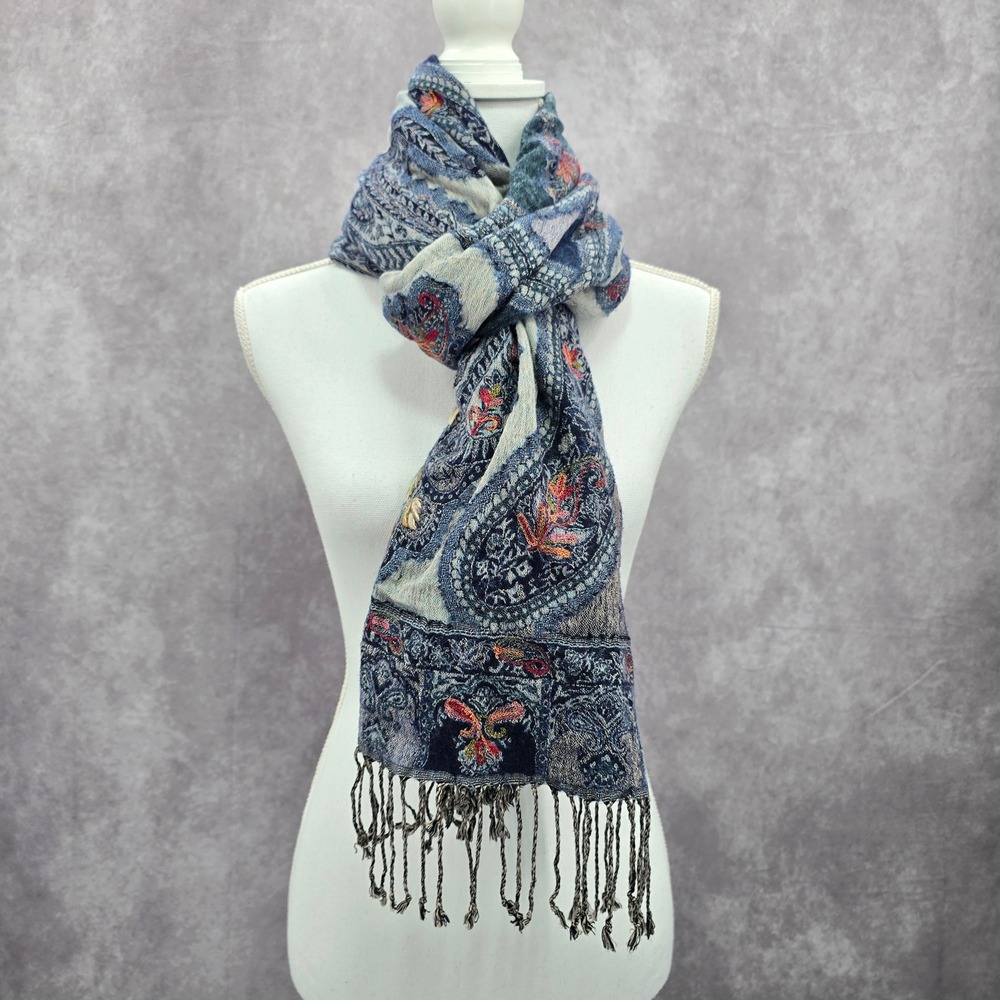 Coldwater Creek Blue Embroidered Pashmina Floral Paisley Wrap Shawl Scarf OS